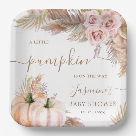 Pompoen Baby shower Roze Meisje Bloemen Herfst Her Papieren Bordje (Voorkant)