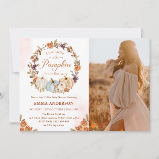 Pompoen Baby shower Sinaasappel Bloemen Feestuitno Kaart (Voorkant)