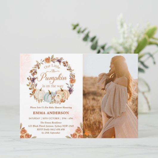 Pompoen Baby shower Sinaasappel Bloemen Feestuitno Kaart (Staand voorkant)