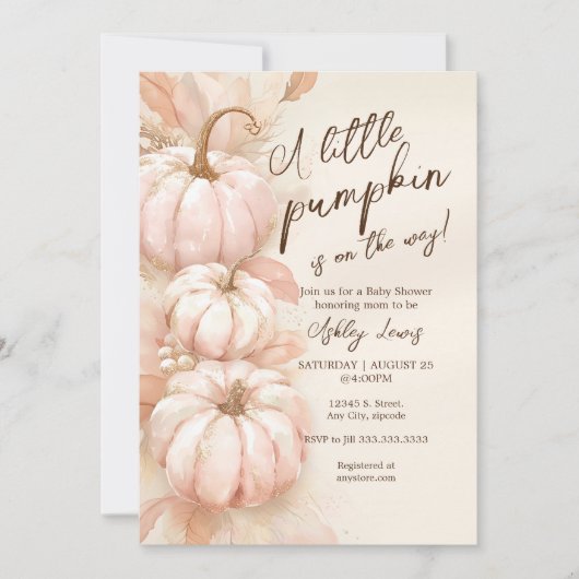 Pompoen baby shower uitnodiging, blush roze pompoe kaart (Voorkant)