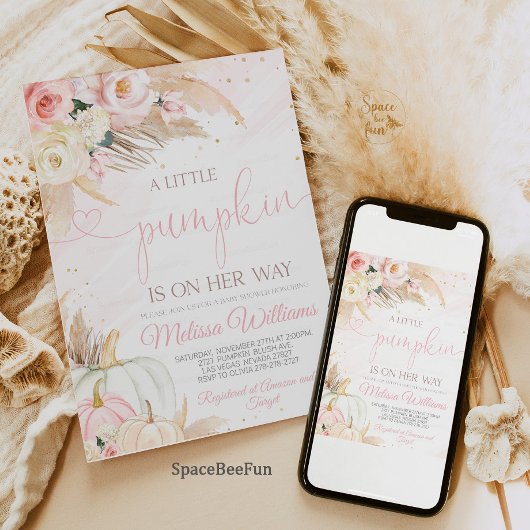 Pompoen Baby shower Uitnodiging Meisje, Boho Pampa