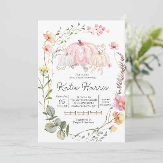 Pompoen Baby shower Uitnodiging, roze Pompoen uitn Kaart (Staand voorkant)