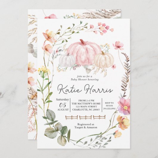 Pompoen Baby shower Uitnodiging, roze Pompoen uitn Kaart (Voorkant / Achterkant)