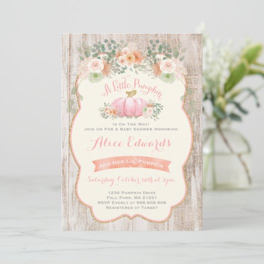 Pompoen Baby shower Uitnodiging Rustieke Pompoen (Staand voorkant)