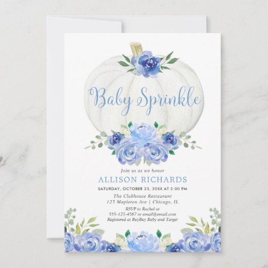 Pompoen baby sprinkle blauw wit jongen baby shower kaart (Voorkant)