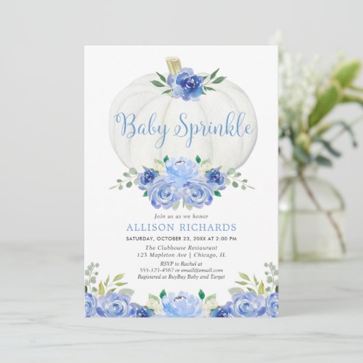 Pompoen baby sprinkle blauw wit jongen baby shower kaart (Staand voorkant)