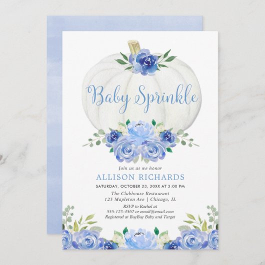 Pompoen baby sprinkle blauw wit jongen baby shower kaart (Voorkant / Achterkant)