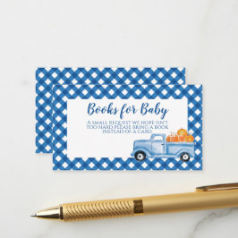 Pompoen babyfeestje blauwe vrachtwagen boeken voor informatiekaartje