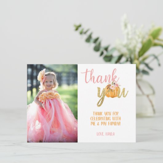 Pompoen Bedankt Foto Kaart - Meisje (Geruit) (Staand voorkant)