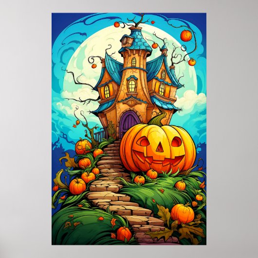 Pompoen Bewaakte Halloween Spukhuis Poster (Voorkant)