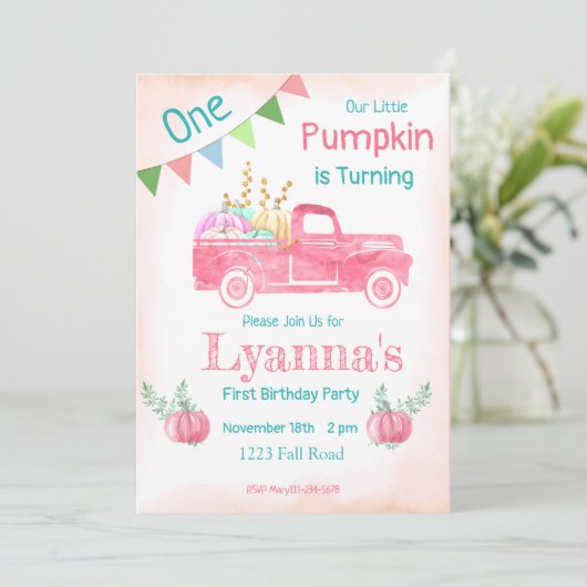 Pompoen Birthday, pompoenpartij, Herfst, roze part Kaart (Staand voorkant)