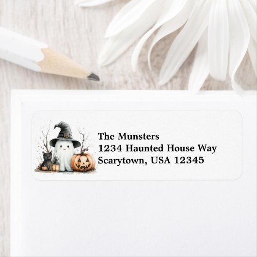 Pompoen Black Cat Ghost Waterverf Happy Halloween Etiket (Insitu)