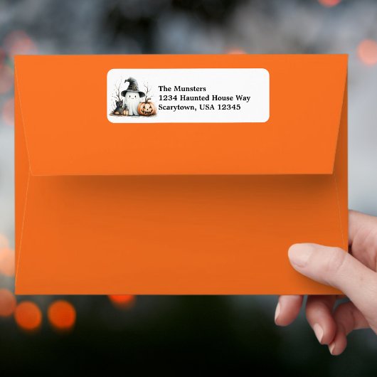 Pompoen Black Cat Ghost Waterverf Happy Halloween Etiket