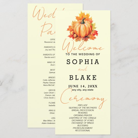 Pompoen & bladeren Herfst lichtgeel bruiloft progr (Voorkant / Achterkant)