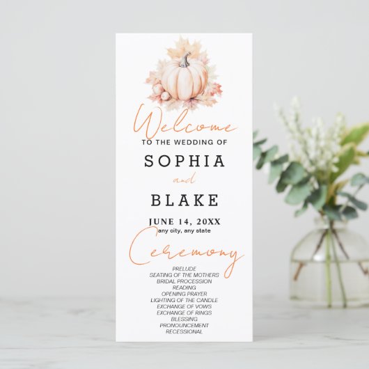 Pompoen & Bladeren Herfst Witte Trouwprogramma (Staand voorkant)