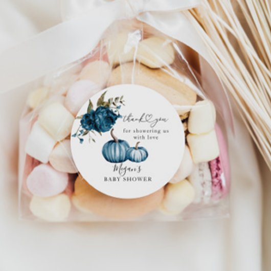 Pompoen Blauw Bloemen Baby shower Favor Ronde Sticker