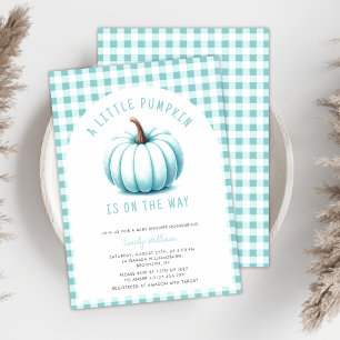 Pompoen Blauw Gingham Geruit Jongens Babyfeestje  Kaart