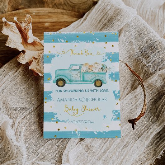 Pompoen Blauw Goud Herfst Herfst Baby shower Bedankkaart