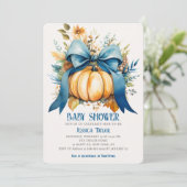 Pompoen Blauw Lint Jongen Zoon Herfst Baby shower Kaart (Staand voorkant)