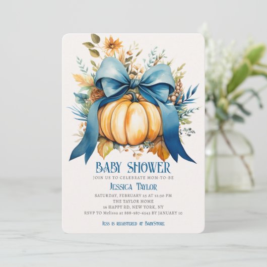 Pompoen Blauw Lint Jongen Zoon Herfst Baby shower Kaart (Staand voorkant)