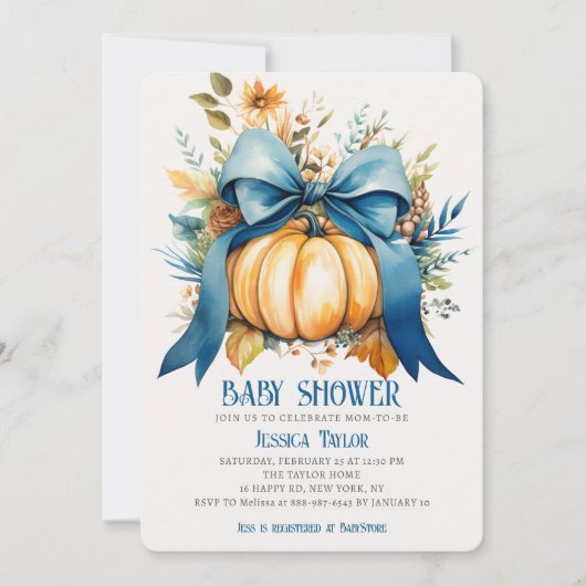Pompoen Blauw Lint Jongen Zoon Herfst Baby shower Kaart (Voorkant)