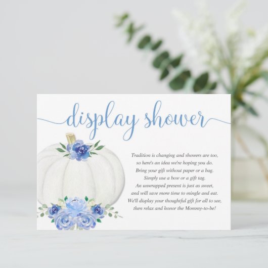 Pompoen blauw wit bloemendisplay douchewand informatiekaartje (Staand voorkant)