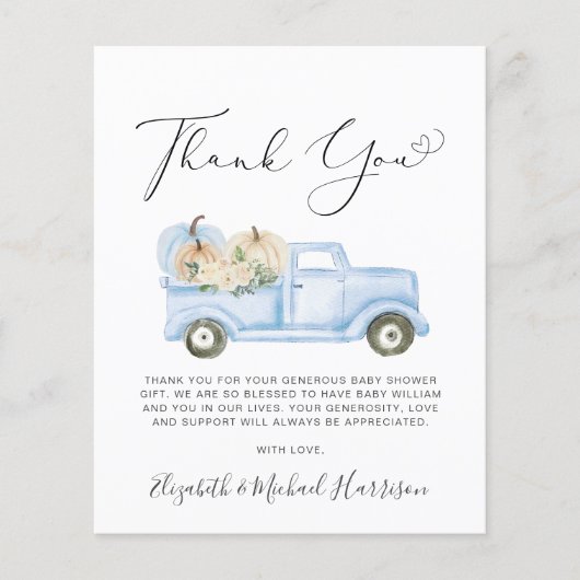 Pompoen Blauwe Truck Baby Boy Shower Dank u kaart (Voorkant)