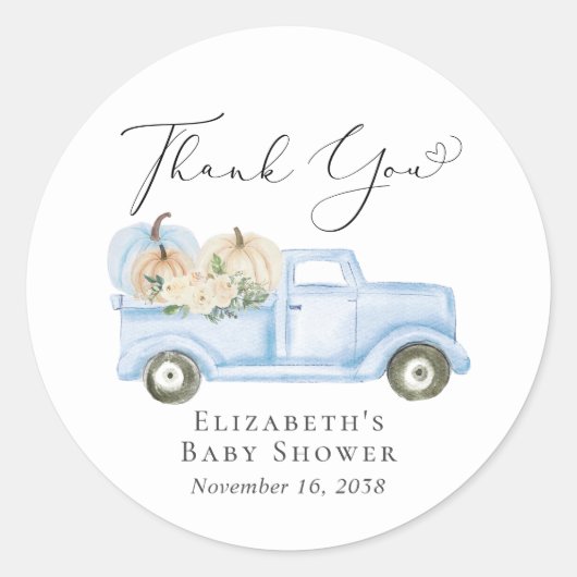 Pompoen Blauwe Truck Baby Boy Shower Dank u Ronde Sticker (Voorkant)
