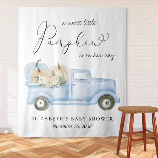 Pompoen Blauwe Truck Baby Boy Shower Foto Achtergr Wandkleed