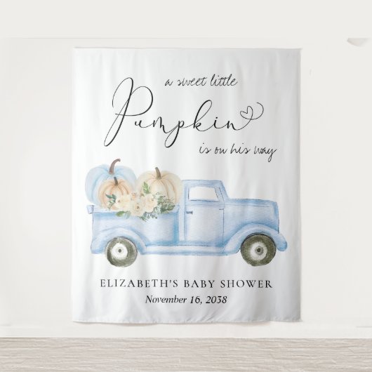 Pompoen Blauwe Truck Baby Boy Shower Foto Achtergr Wandkleed (Voorkant)