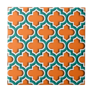 Pompoen, Blauwgroen, wit Marokkaans Quatrefoil #5D Tegeltje