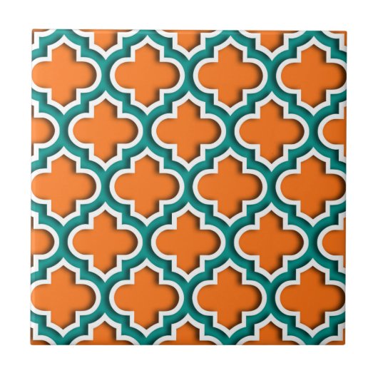 Pompoen, Blauwgroen, wit Marokkaans Quatrefoil #5D Tegeltje (Voorkant)