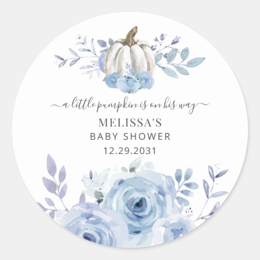 Pompoen Bloem Baby Shower Stofblauw Ronde Sticker (Voorkant)