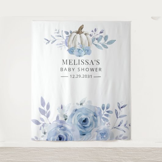 Pompoen Bloem Baby Shower Stofblauw Wandkleed (Voorkant)