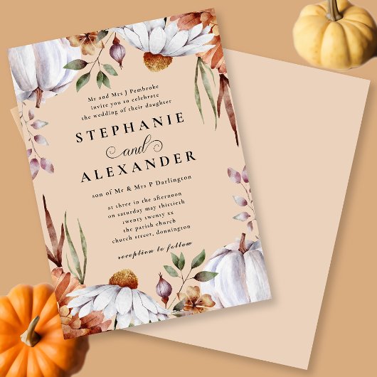 Pompoen & Bloem Wit & Beige Herfst Bruiloft Kaart