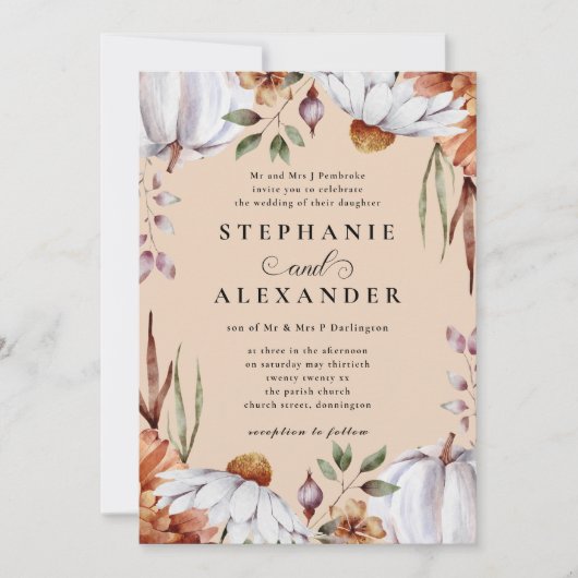 Pompoen & Bloem Wit & Beige Herfst Bruiloft Kaart (Voorkant)