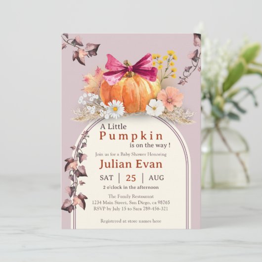 Pompoen Bloemen Bow Baby shower Uitnodiging (Staand voorkant)