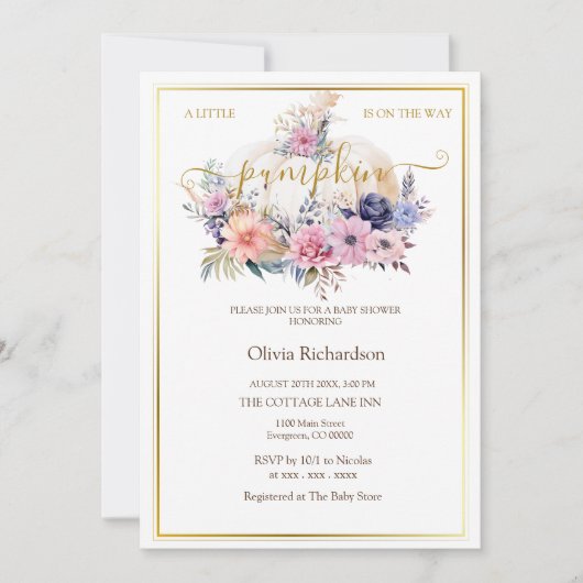 Pompoen Bloemen Gouden Folie Baby Meisje Douche Kaart (Voorkant)