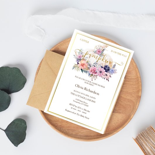 Pompoen Bloemen Gouden Folie Baby Meisje Douche Kaart