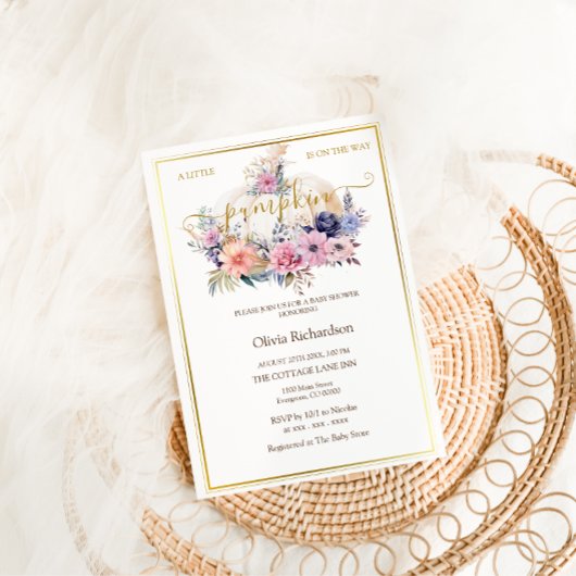 Pompoen Bloemen Gouden Folie Baby Meisje Douche Kaart