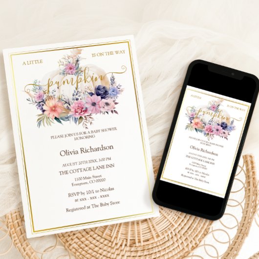 Pompoen Bloemen Gouden Folie Baby Meisje Douche Kaart