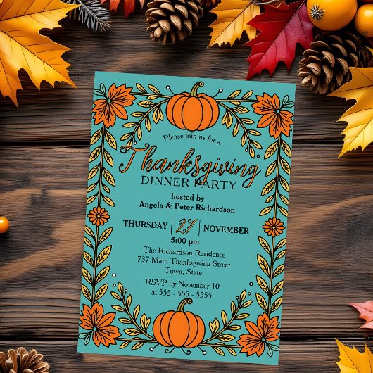 Pompoen Bloemen Grens op Turquoise Thanksgiving Kaart