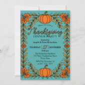 Pompoen Bloemen Grens op Turquoise Thanksgiving Kaart (Voorkant)