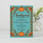 Pompoen Bloemen Grens op Turquoise Thanksgiving Kaart (Staand voorkant)