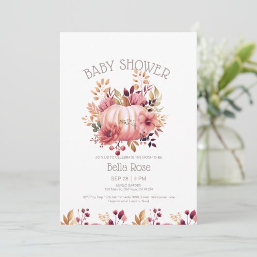Pompoen Bloemen Herfst Baby shower Uitnodiging (Staand voorkant)
