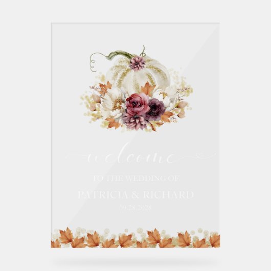 Pompoen Bloemen Herfst Trouwen Welkom Teken Acryl Bord (Voorkant)