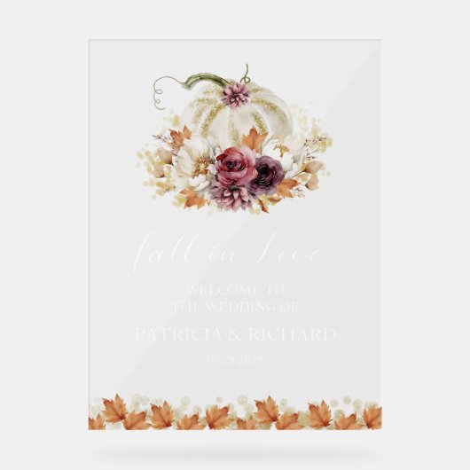 Pompoen Bloemen Herfst Verliefd Trouwen Welkom Tek Acryl Bord (Voorkant)