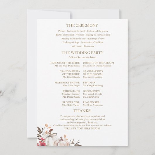 Pompoen Bloemen Herfst Wedding Ceremony Programma (Achterkant)