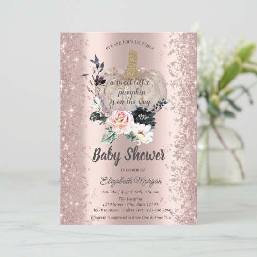 Pompoen, Bloemen, Roos Goud Sparkle Baby shower Kaart (Staand voorkant)
