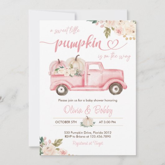 Pompoen Bloemen  Vrachtwagen Baby Meisje Douche Kaart (Voorkant)